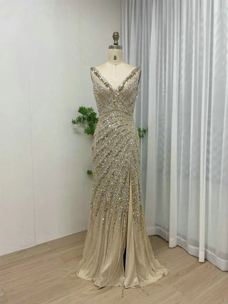 Ships in 1 to 3 Days - Gold Shiny Sequin Deep V-Neck Cocktail Dress - Luxury Beaded Mermaid High Slit Evening Gown for Prom and Graduation 2024