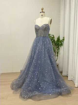 Ships in 1 to 3 Days - Exclusive Blue Sweetheart Neck Birthday Party Dress for Girls - Luxurious Beaded A-Line Tulle Illusion Evening Gown 2024