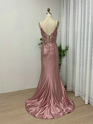 Ships in 1 to 3 Days - Pink Spaghetti Straps Beaded Appliqués Prom Dress - Sexy High Slit Mermaid Evening Gown for Women 2024