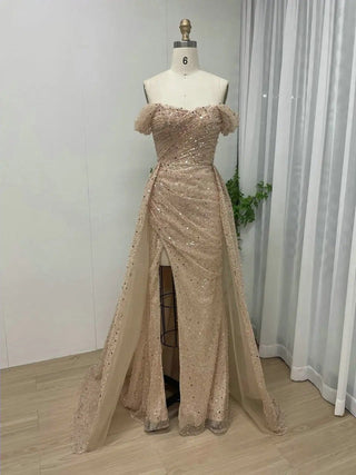 Ships in 1 to 3 Days - Stunning Gold Sequined High Split Mermaid Prom Dress - Off-Shoulder Evening Gown for Gala Special Events