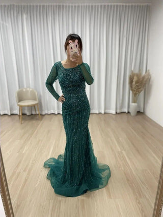 2024 Green Elegant Long Sleeves Muslim Evening Prom Dress - Luxury Mermaid Beaded Formal Party Gown in Dubai