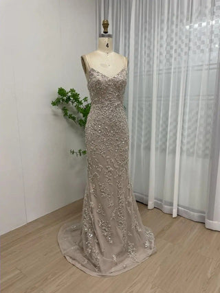 2024 Champagne Exclusive V-Neck Backless Mermaid Evening Gown - Stunning Beaded Prom Party Dress for Weddings