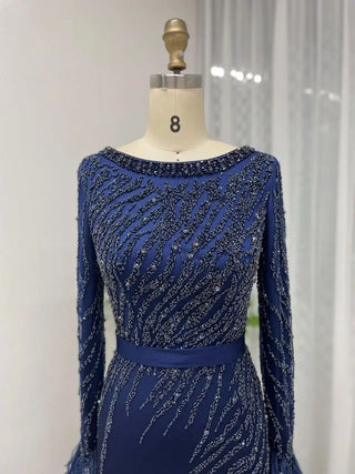 2024 Navy Long Sleeves Evening Gown - Stunning Beaded Dress with Feathers and High Split for Wedding Guests in Dubai