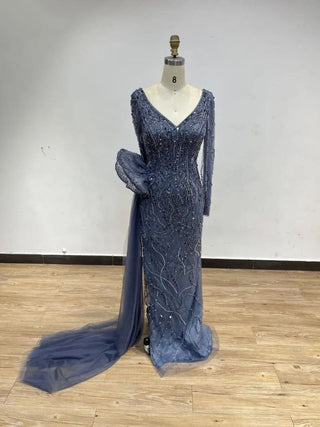 2024 Exclusive Wine V-Neck Long Sleeves Evening Ball Gown - Sexy High Split Mermaid Beaded Prom Dress for Weddings and Parties