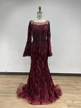 2024 Wine Mermaid Evening Gown - Luxury Beaded Muslim Wedding Guest Dress with Long Sleeves for Elegant Dubai Parties