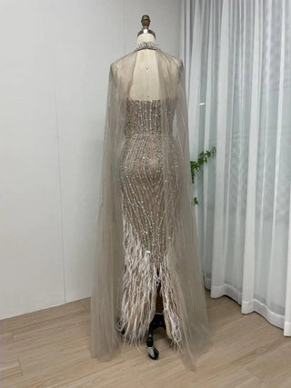 Ships in 1 to 3 Days - Stunning Champagne Mermaid Evening Dress - Luxury V-Neck Beaded Feathers with Cape Sleeves for Women’s Wedding Parties in Dubai