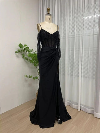 2024 Sexy Black High Slit Mermaid Evening Dress - Elegant Off-Shoulder Pleated Gown with Crystal Detailing for Prom and Graduation