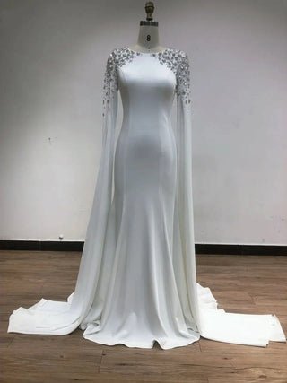 2024 Elegant White Mermaid Dress - Cape Sleeves Beaded Formal Gown for Women’s Celebrity Events and Muslim Weddings