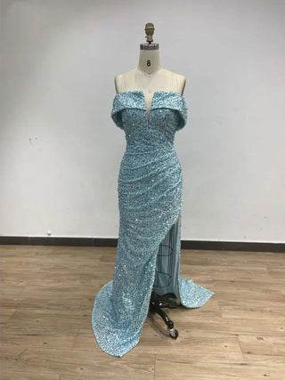 2024 Blue Strapless Mermaid Evening Gown - Gorgeous High Slit Sequined Dress for Women’s Prom and Parties