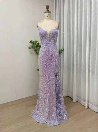 2024 Lavender V-Neck Slip Evening Dress - Stunning Mermaid Gown with Beaded Tulle for Women’s Weddings and Parties