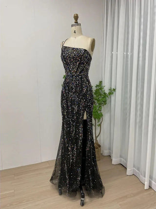 2024 Black Mermaid Evening Dress - Sexy High Split Beaded Tulle Gown for Girls’ Wedding Parties