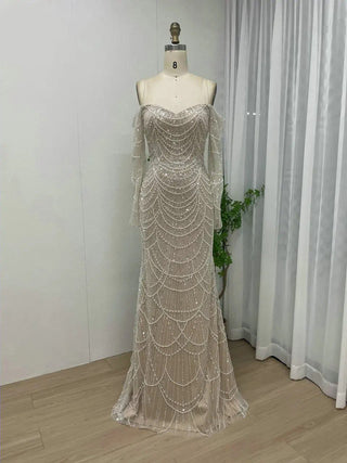 Dubai Luxury Beaded Off-Shoulder Mermaid Evening Dress - Arabic Elegant Strapless Long Sleeves Gown for Weddings and Prom