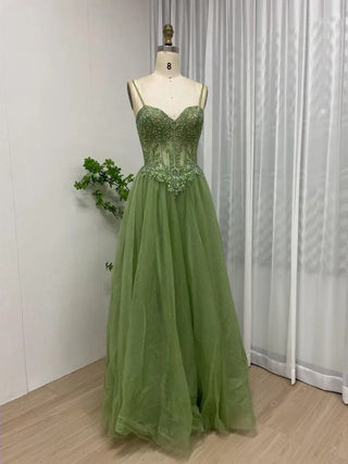 2024 Green A-Line Princess Dress - Stunning Beaded Sweetheart Neck Gown for Girls’ Wedding Guests