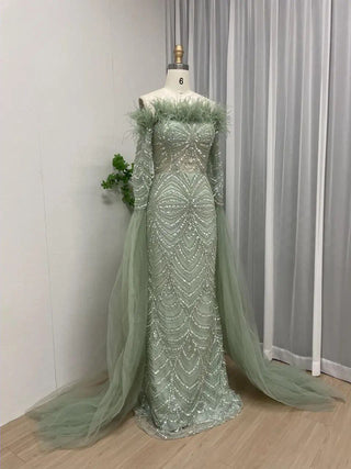 2024 Green Luxury Mermaid Evening Gown - Beaded Feathers Princess Dress with Cape Sleeves for Weddings and Parties in Dubai