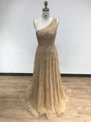 2024 Exclusive One-Shoulder A-Line Evening Gown - Elegant Beaded Ball Dress for Women’s Formal Occasions