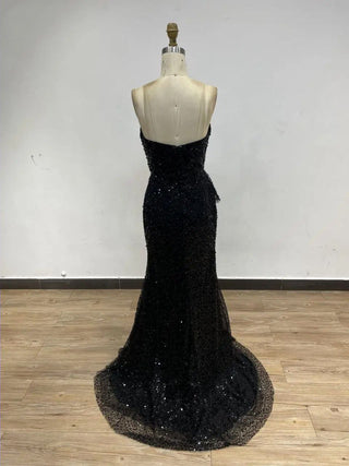 2024 Sparkling Black Strapless Evening Gown - Sequined Mermaid Dress with High Split for Wedding Guests and Parties