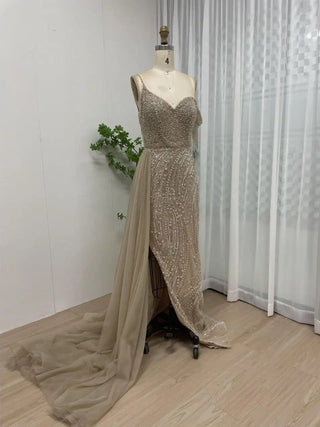 Ships in 1 to 3 Days - 2024 Gold Mermaid Evening Dress - Gorgeous High Split Beaded Wedding Party Gown with Off-Shoulder Tassels for Women