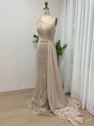 Ships in 1 to 3 Days - 2024 Gold Beaded Mermaid Evening Dress - Elegant One-Shoulder Gown for Graduation and Formal Events