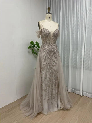 2024 Champagne Luxury Mermaid Evening Gown - Beaded Off-Shoulder Dress with Overskirt for Women’s Formal Occasions