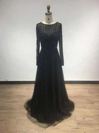 2024 Elegant A-Line Beaded Wedding Guest Dress - Exclusive Scoop Neck Sheer Long Sleeves Muslim Prom Party Gown