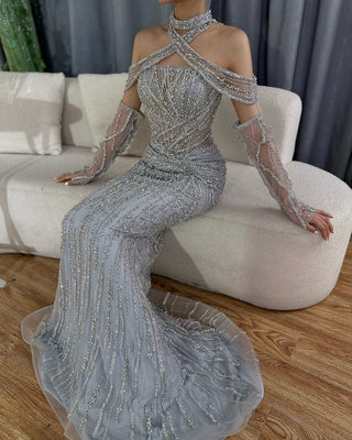 2024 Arabic Gray Decorative Halter Mermaid Luxury Dubai Evening Gown Beaded Dress for Women's Party