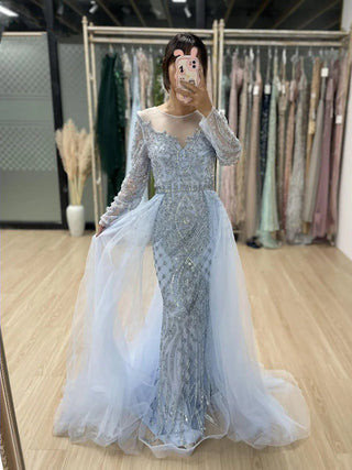 Ships in 1 to 3 Days - Nude Luxury Muslim Mermaid Evening Dress with Beaded Overskirt - Elegant Gown for Women's Party 2024