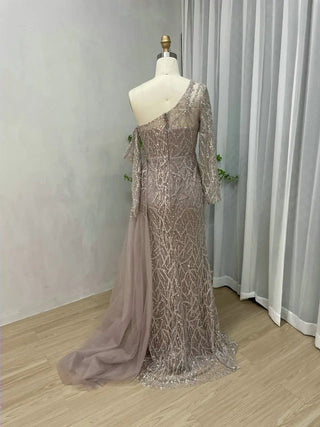 Ships in 1 to 3 Days -  2024 Luxury One-Shoulder Overskirt Evening Gown - Sparkly Sequin Mermaid Dress with High Split and Long Tail