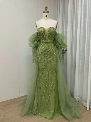 Ships in 1 to 3 Days - 2024 Arabic Mint Strapless Evening Gown - Sexy Balloon Sleeves and Beaded Mermaid Dress with Overskirt for Parties