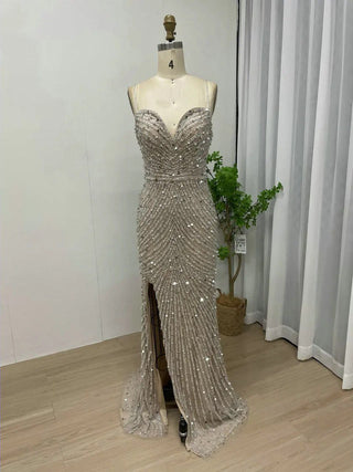 Ships in 1 to 3 Days - 2024 Green Luxurious Evening Gown - Beaded Spaghetti Straps High Split Mermaid Dress with Sweetheart Neckline for Brides and Parties