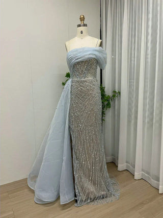 Ships in 1 to 3 Days - Blue Mermaid Elegant One-Shoulder Evening Dress with Luxury Pearls Beading - Women's Wedding Party Gown (2024)