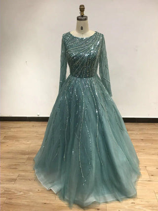 Ships in 1 to 3 Days - Luxury Mint One-Shoulder A-Line Evening Gown - Beaded Long Sleeve Dress for Women’s Formal Parties