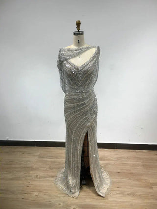 Ships in 1 to 3 Days - Luxury Silver Mermaid Dubai Evening Dress with Cape: Heavy Beaded Detail, Slit Prom Dresses for Women at Wedding Parties