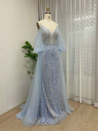 Ships in 1 to 3 Days - Light Blue Elegant Puff Sleeves Mermaid Evening Dress - V-Neck Beaded Formal Gown for Arabic Wedding Parties