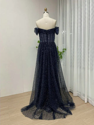 Stunning Off-Shoulder Pleated Mermaid Blue Evening Gown - Gorgeous Shiny Sequin Prom Dress with Boning for Women’s Parties