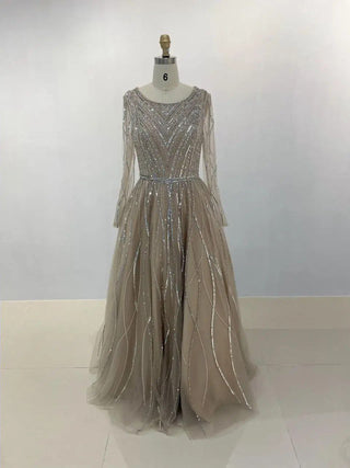 Gorgeous Champagne A-Line Princess Dress - Elegant Long Sleeves Tulle Gown for Muslim Wedding Guests and Bride Parties in 2024