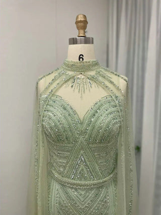 Ships in 1 to 3 Days - Muslim High Neck Mermaid Evening Gown - Mint Beaded Dress with Cape Sleeves for Women’s Celebrity Parties in Dubai