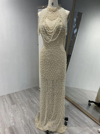 Ivory Mermaid Evening Gown - Gorgeous Pearls and Tassel Split Dress with Halter Backless Design for Weddings and Parties