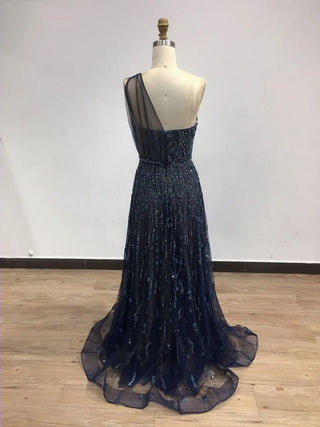 2024 Navy One-Shoulder A-Line Formal Occasion Dress - Stunning Beaded Sweetheart Neck Ball Gown for Women’s Parties