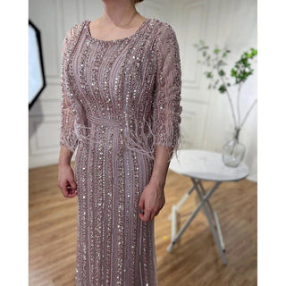 Dubai Grey Diamond Mermaid Long Sleeves Beaded Luxury Evening Gown - Perfect for Women's Party