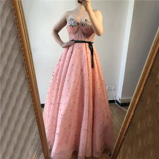 Pink Beaded Pearls Evening Gown 2024 - Long Formal Party Prom Dress with Sashes