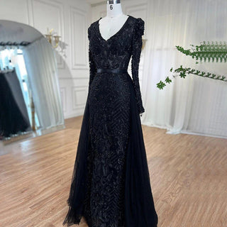 Ships in 1 to 3 Days - Navy Blue Mermaid Lace Beaded Muslim Luxury Evening Dresses 2024 - Elegant Gowns for Women's Party