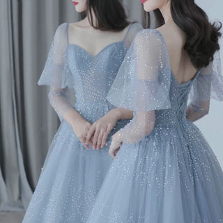 Ships in 1 to 3 Days - Blue Beading Pearls Evening Dress 2024: Long Puff Sleeves Sexy Women Formal Party Wear Ball Gown