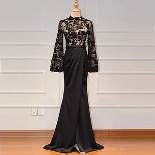 Black Long Sleeves Mermaid Evening Dress - High Neck Sequined Illusion Formal Gown for 2024