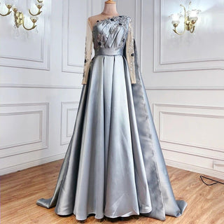 Dubai Blue O-Neck Beading Sexy Evening Dress Design 2024: A-Line Satin Long Sleeves Formal Dress