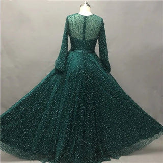 Dubai Green Pearls Long Sleeve Evening Dress - 2024 Tulle Luxury Beach Gown