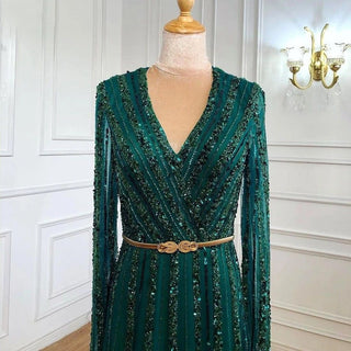 Green Muslim Luxury Evening Gown 2024 - Elegant Long Sleeves Beaded Dress for Women's Party