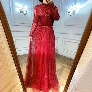 Chic Wine Red Muslim Luxury A-Line Evening Dress - 2024 Sparkle Beaded Gown for Women's Party