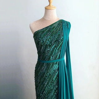 Dubai Green One Shoulder Luxury Evening Dresses 2024 - Mermaid Silhouette with Beaded Sequins Sparkle