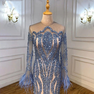 Blue Muslim Evening Dress: Detachable Skirt, Feathers, Beaded Luxury, and Mermaid Silhouette for Women's Party in 2024