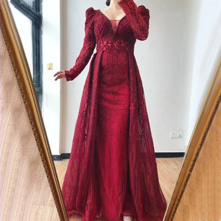 Ships in 1 to 3 Days - Maroon Majesty: 2024 Wine Red V-Neck Mermaid Dress with Long Sleeves and Crystal Beading